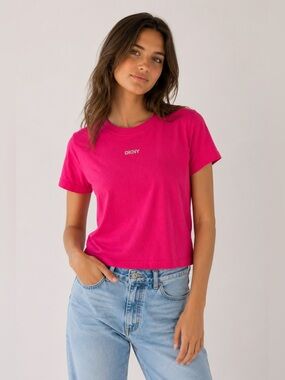 DKNY Y2K McBling Hot Pink Rhinestone Baby Tee Barbiecore Cotton Top Size M